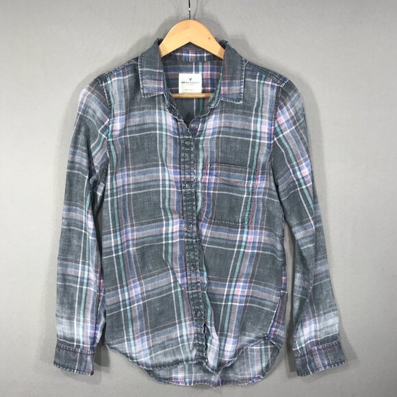 American Eagle Shirt Womens Small Pink Plaid Boyfriend Fit Button Up Chambray LS - Picture 1 of 12
